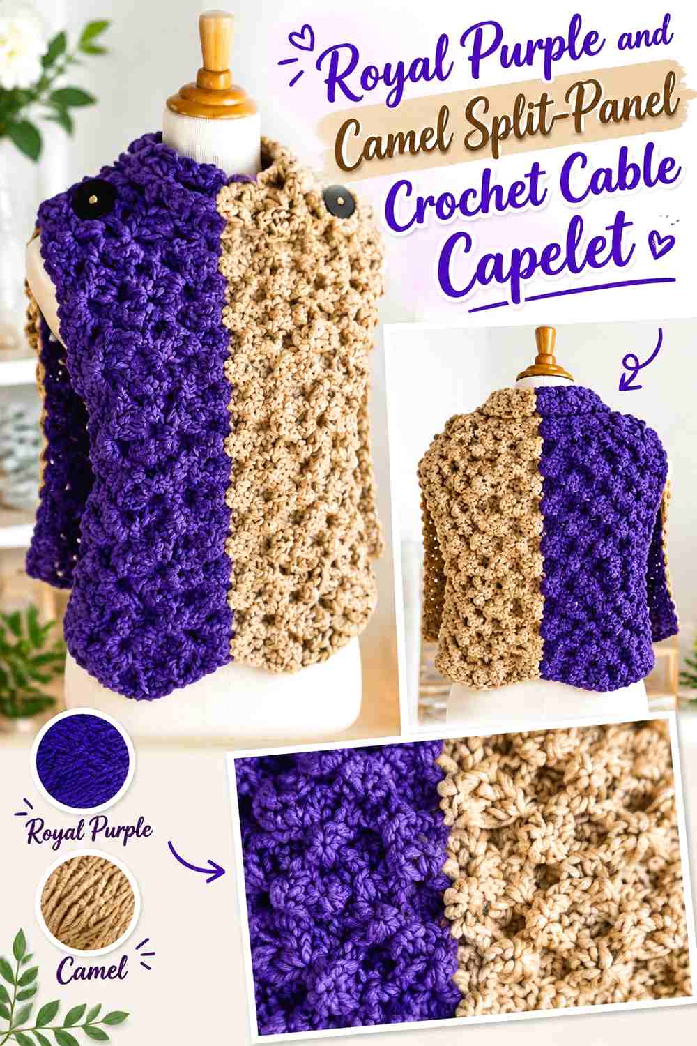 9. Royal Purple and Camel Split-Panel Crochet Cable Capelet