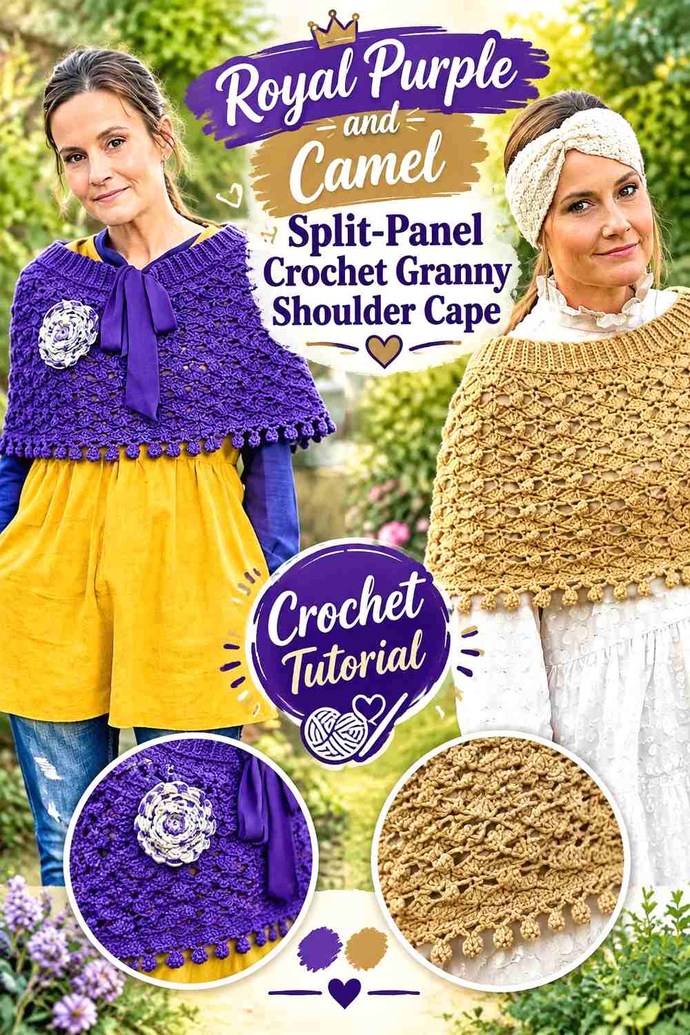 10. Royal Purple and Camel Split-Panel Crochet Granny Shoulder Cape