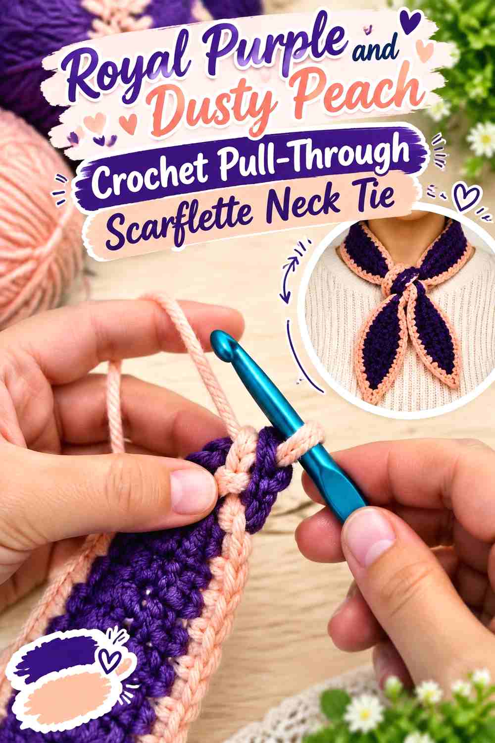 11. Royal Purple and Dusty Peach Crochet Pull-Through Scarflette Neck Tie