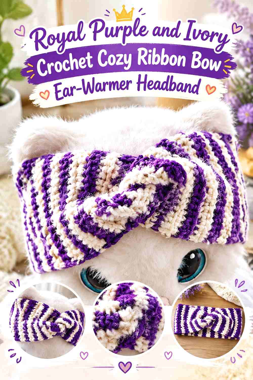 12. Royal Purple And Ivory Crochet Cozy Ribbon Bow Ear Warmer Headband