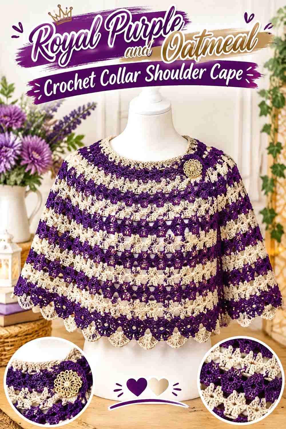 15. Royal Purple And Oatmeal Crochet Collar Shoulder Cape