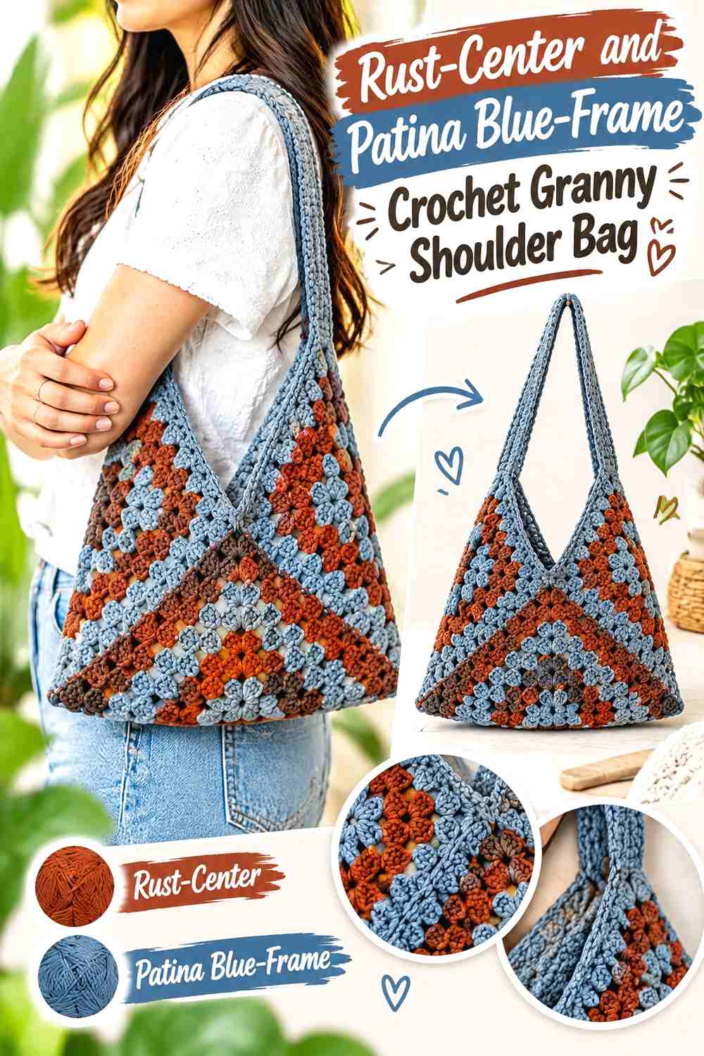 2. Rust-Center and Patina Blue-Frame Crochet Granny Shoulder Bag
