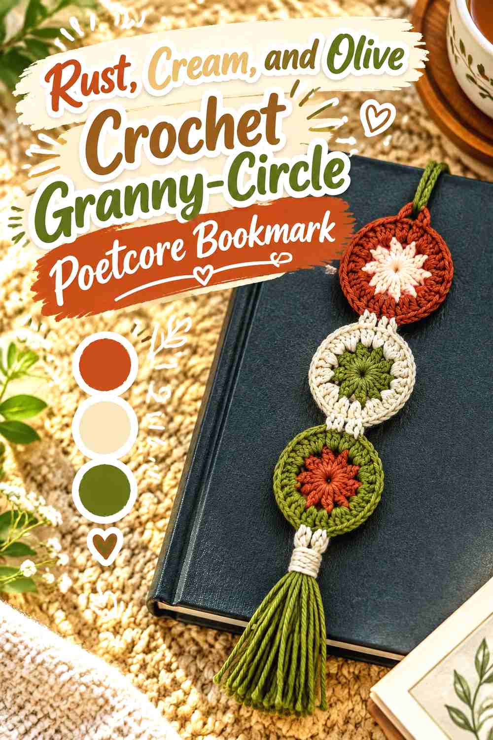 16. Rust Cream And Olive Crochet Granny Circle Poetcore Bookmark