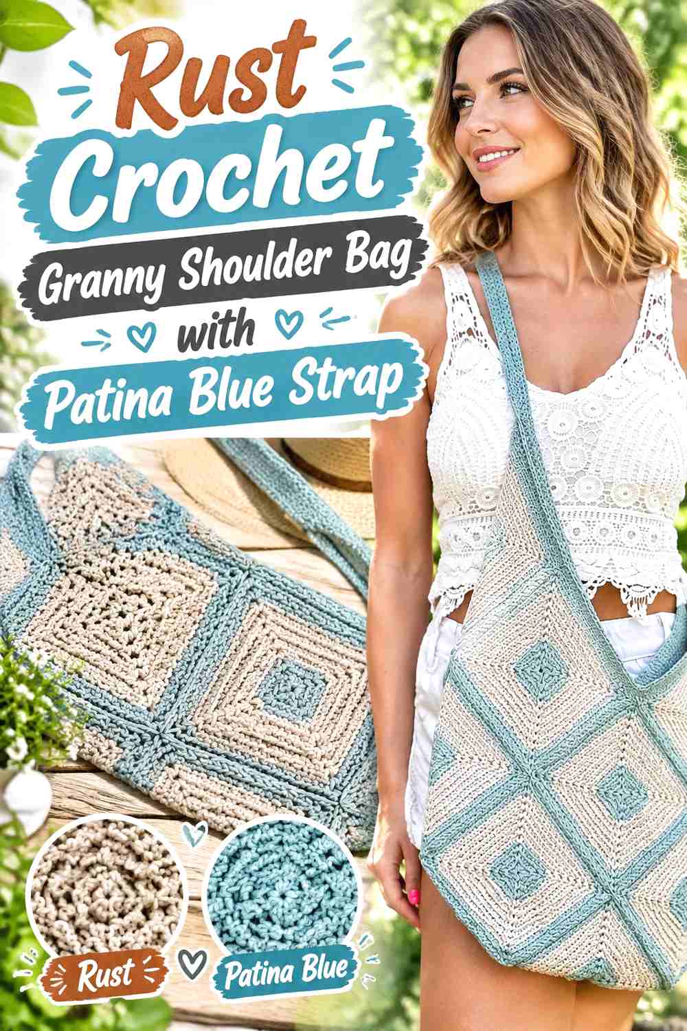 4. Rust Crochet Granny Shoulder Bag with Patina Blue Strap