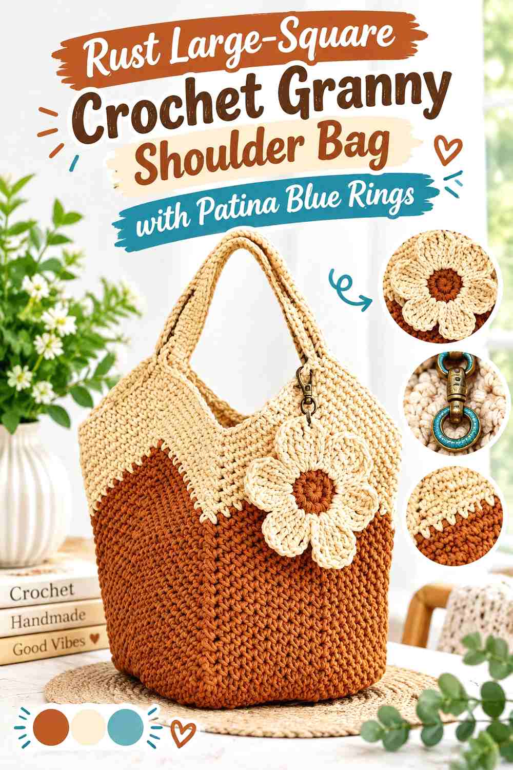 10. Rust Large-Square Crochet Granny Shoulder Bag with Patina Blue Rings