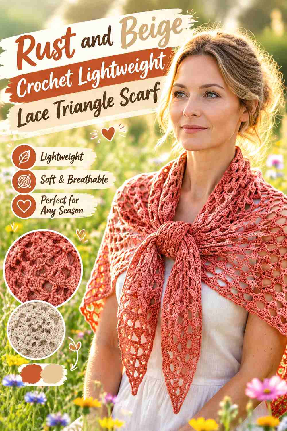 6. Rust And Beige Crochet Lightweight Lace Triangle Scarf