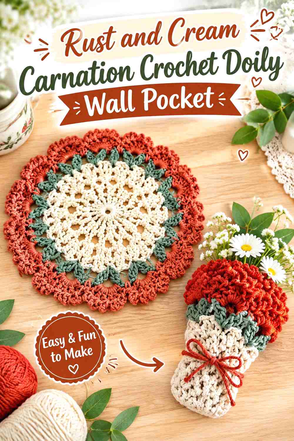 12. Rust And Cream Carnation Crochet Doily Wall Pocket