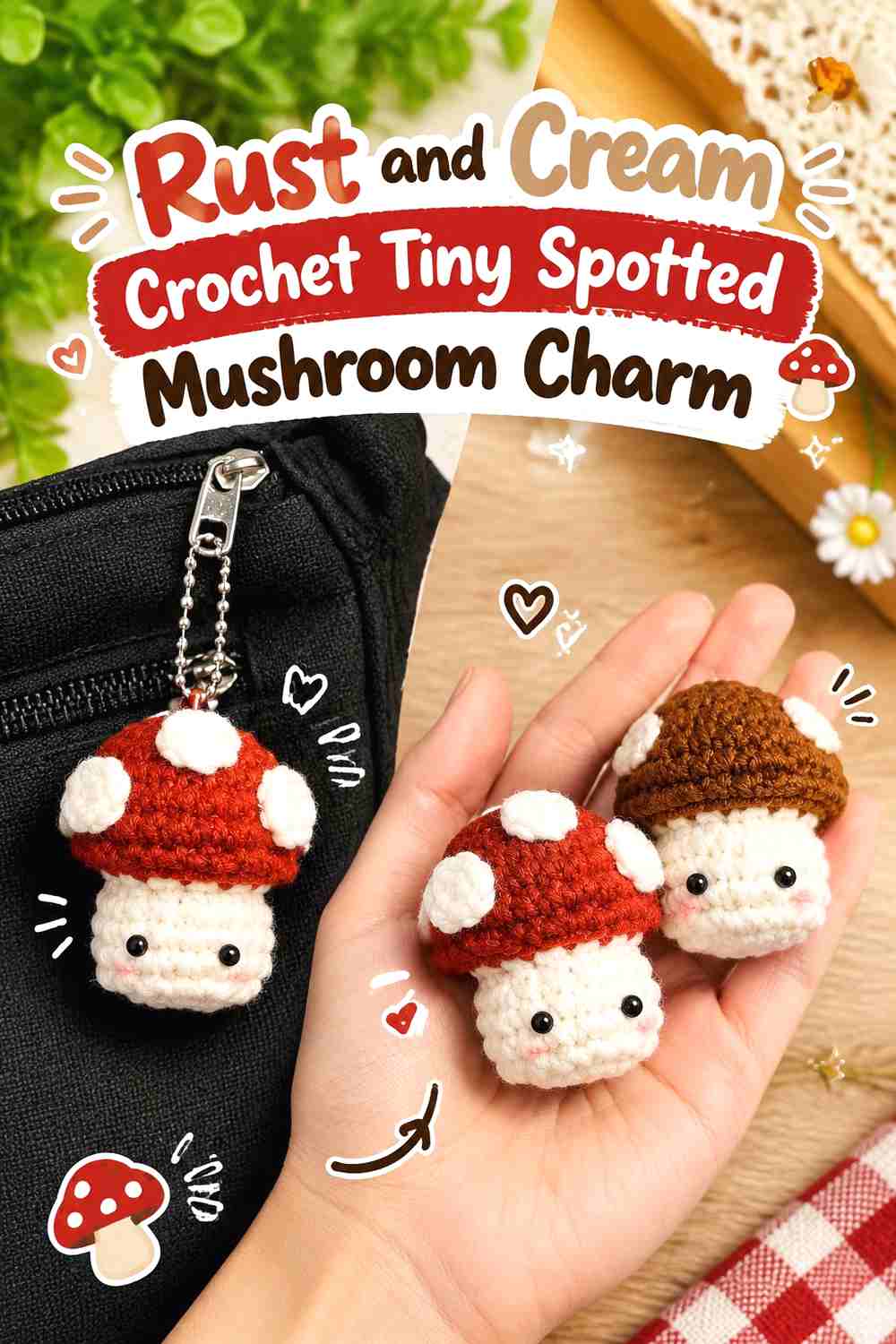 1. Rust And Cream Crochet Tiny Spotted Mushroom Charm