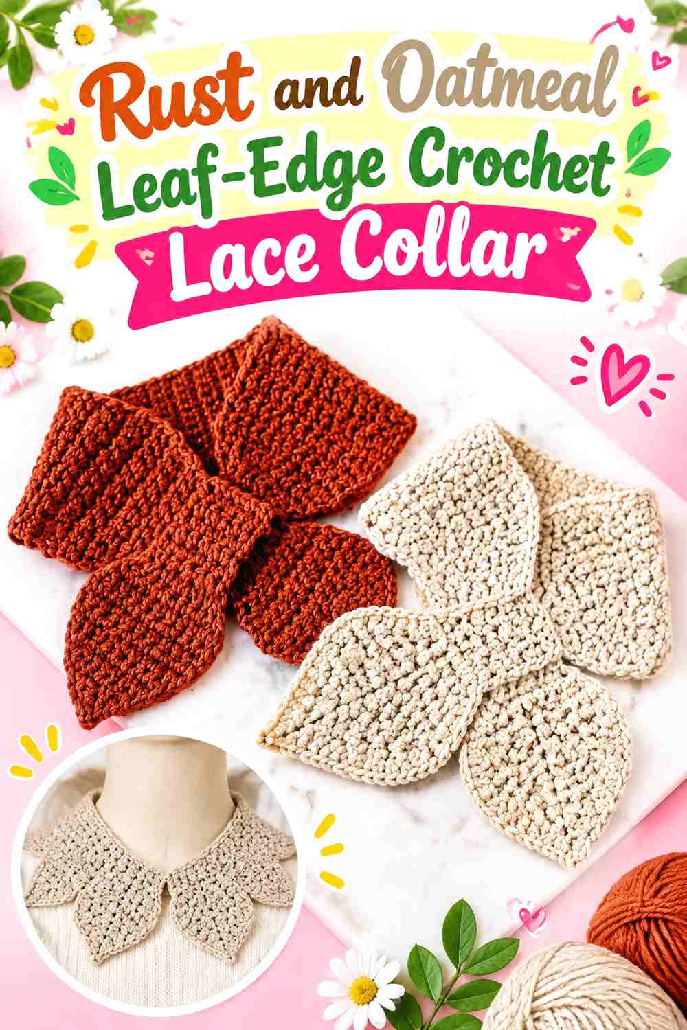 12. Rust And Oatmeal Leaf Edge Crochet Lace Collar