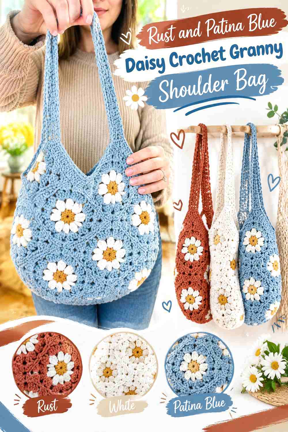 15. Rust and Patina Blue Daisy Crochet Granny Shoulder Bag