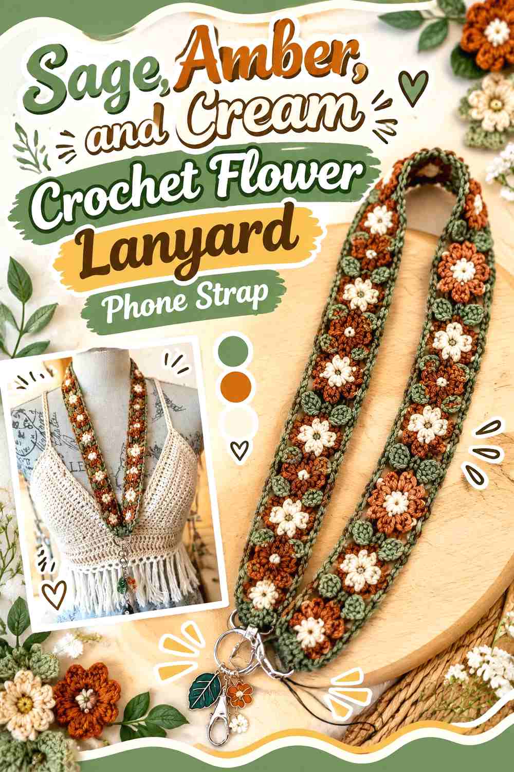 3. Sage Amber And Cream Crochet Flower Lanyard Phone Strap