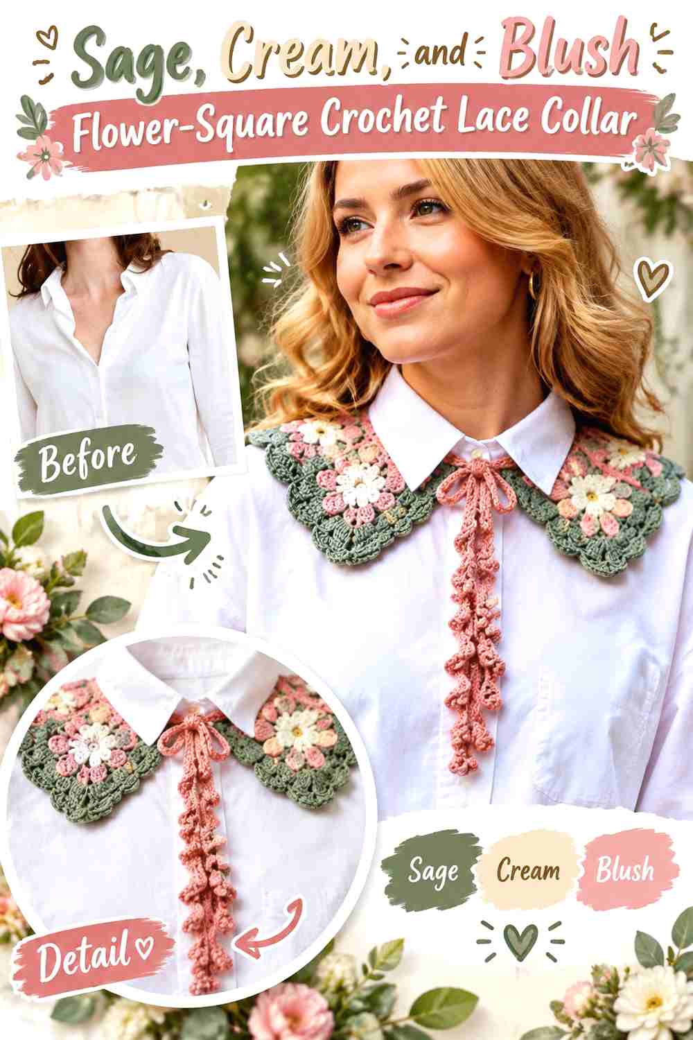 11. Sage Cream And Blush Flower Square Crochet Lace Collar