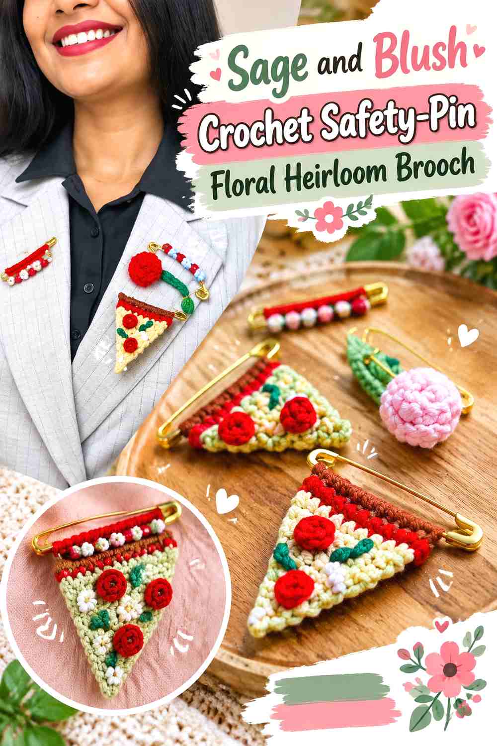 10. Sage And Blush Crochet Safety Pin Floral Heirloom Brooch