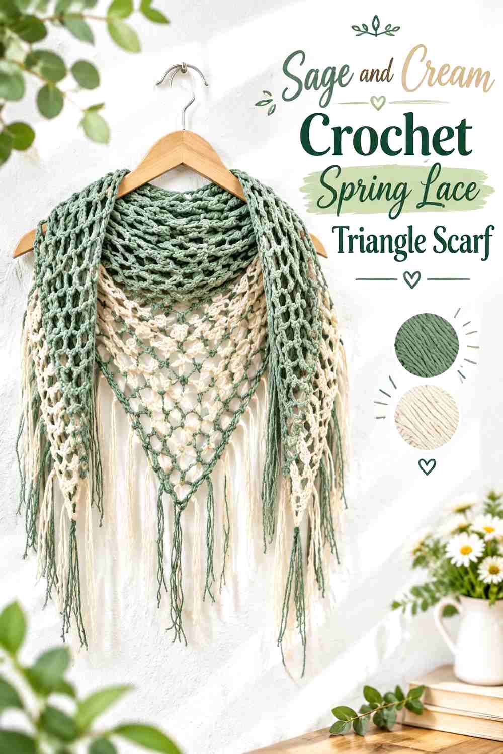2. Sage And Cream Crochet Spring Lace Triangle Scarf