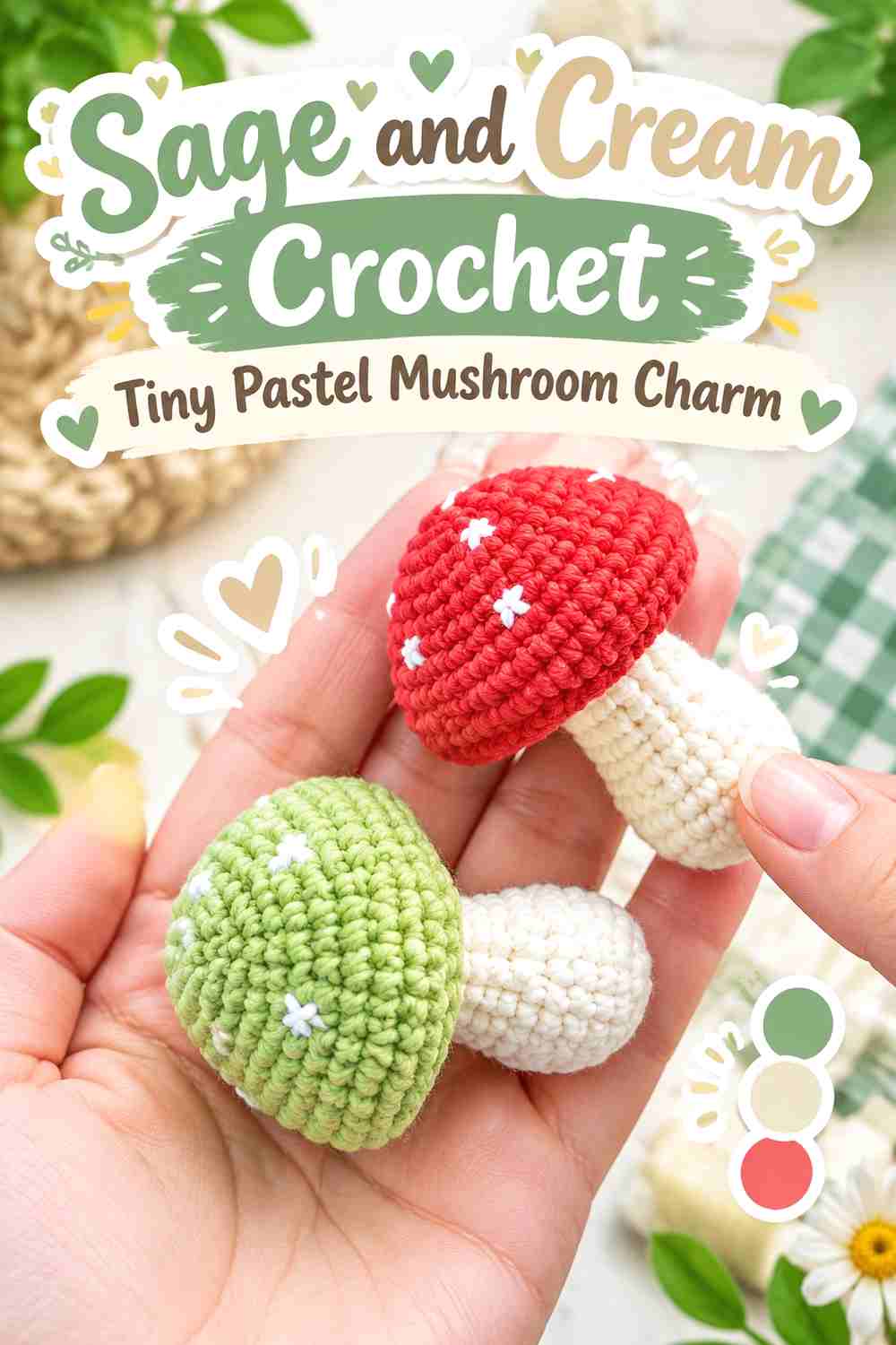 4. Sage And Cream Crochet Tiny Pastel Mushroom Charm