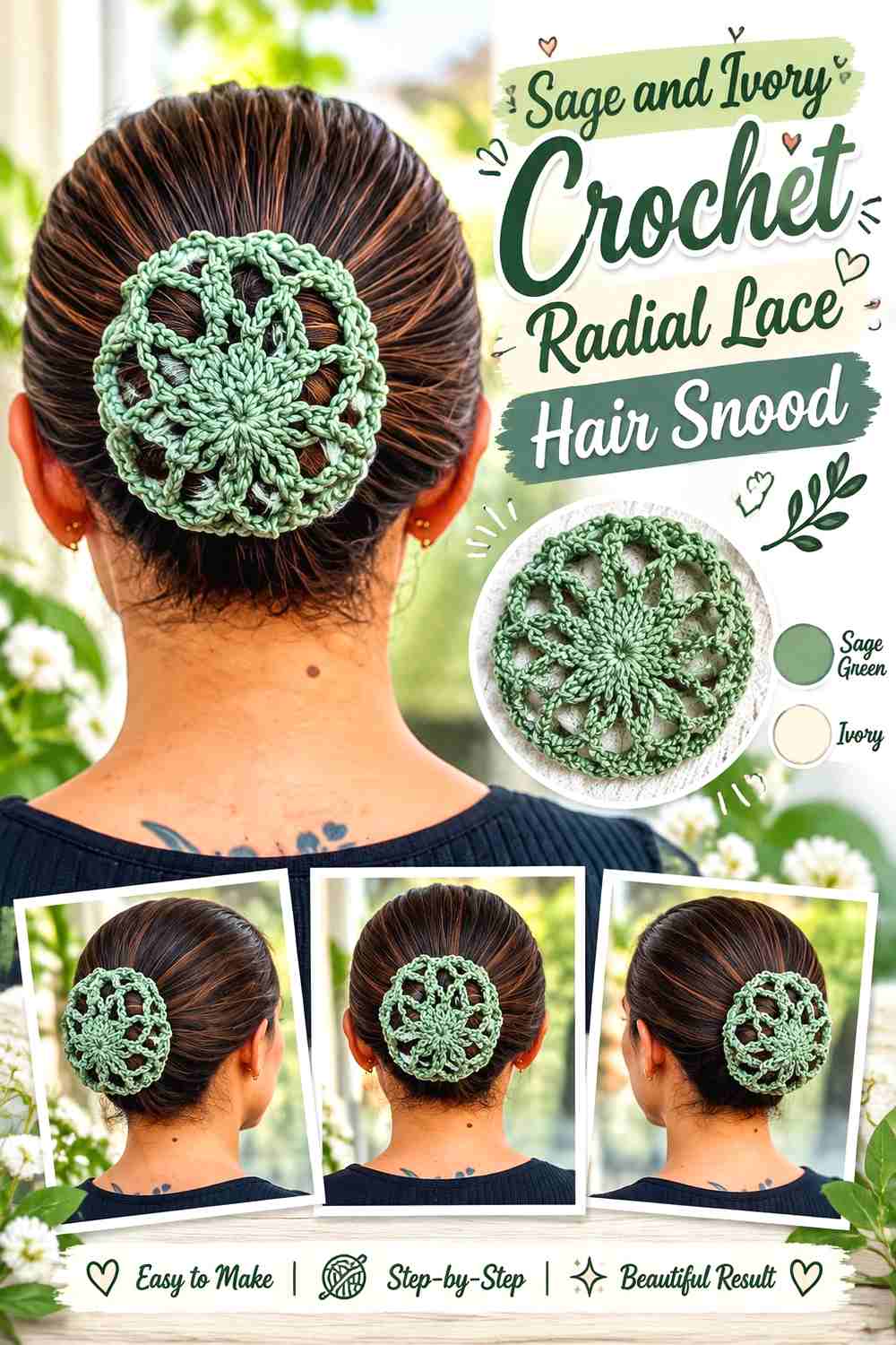 4. Sage And Ivory Crochet Radial Lace Hair Snood