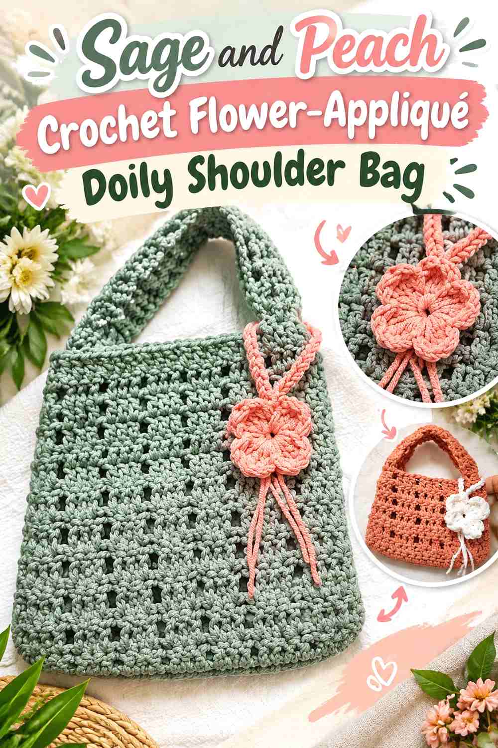 16. Sage And Peach Crochet Flower Applique Doily Shoulder Bag