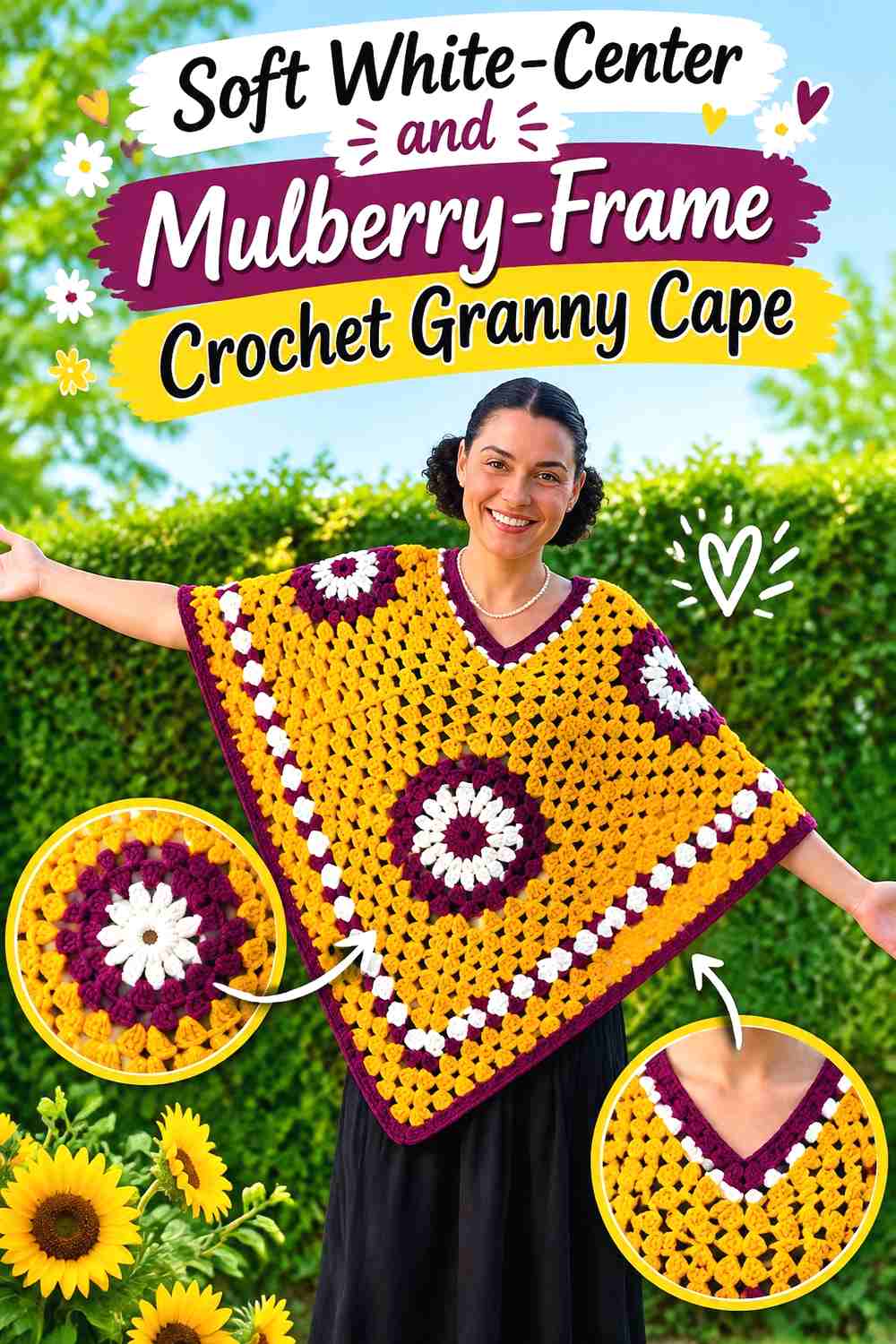 3. Soft White-Center and Mulberry-Frame Crochet Granny Cape