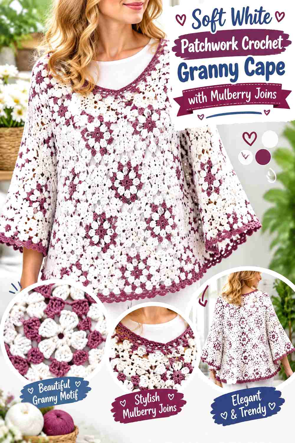 5. Soft White Patchwork Crochet Granny Cape with Mulberry Joins