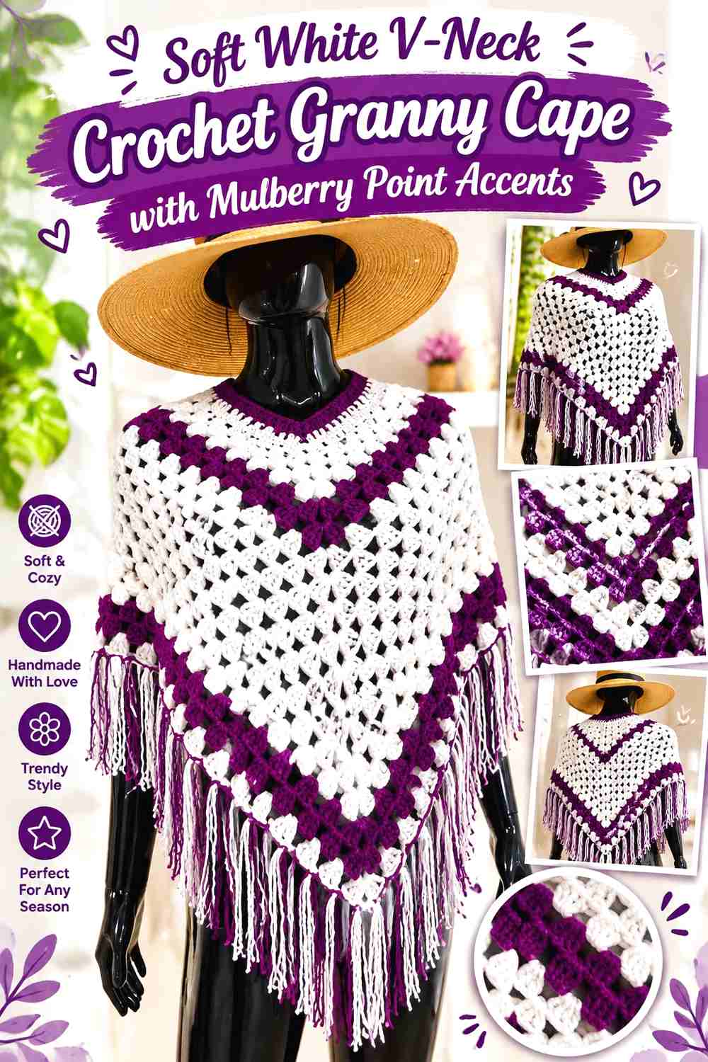 14. Soft White V-Neck Crochet Granny Cape with Mulberry Point Accents