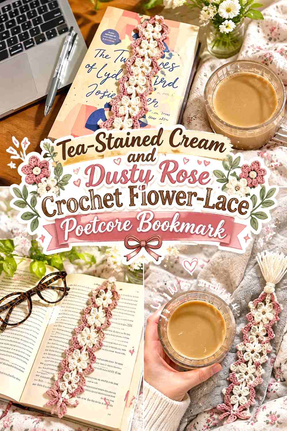 6. Tea Stained Cream And Dusty Rose Crochet Flower Lace Poetcore Bookmark