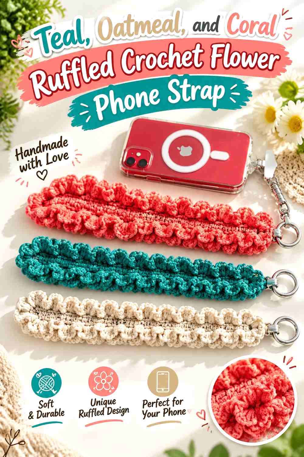 9. Teal Oatmeal And Coral Ruffled Crochet Flower Phone Strap
