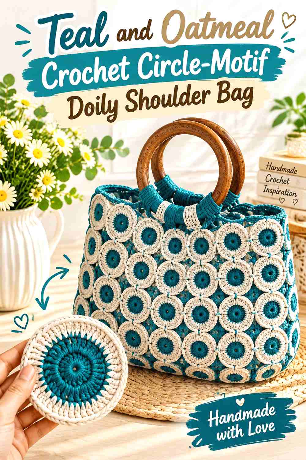 5. Teal And Oatmeal Crochet Circle Motif Doily Shoulder Bag