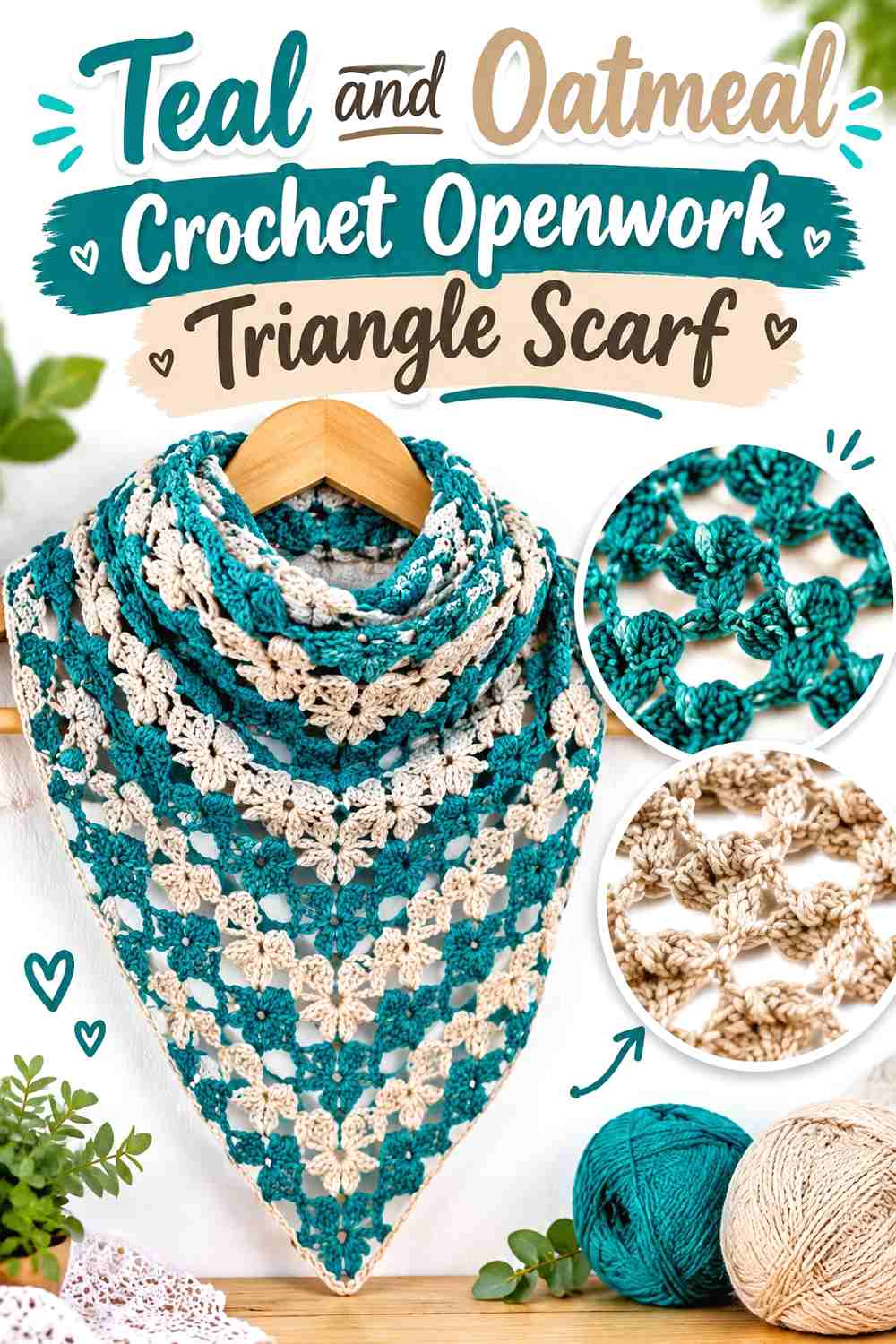 4. Teal And Oatmeal Crochet Openwork Triangle Scarf