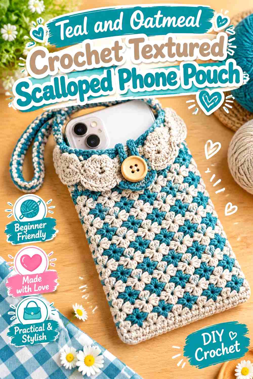 4. Teal And Oatmeal Crochet Textured Scalloped Phone Pouch
