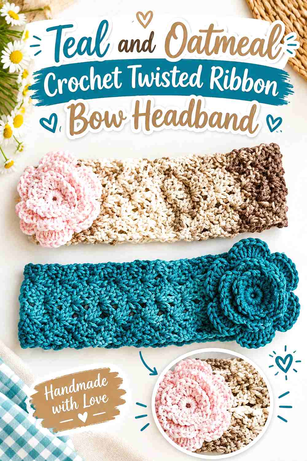 9. Teal And Oatmeal Crochet Twisted Ribbon Bow Headband