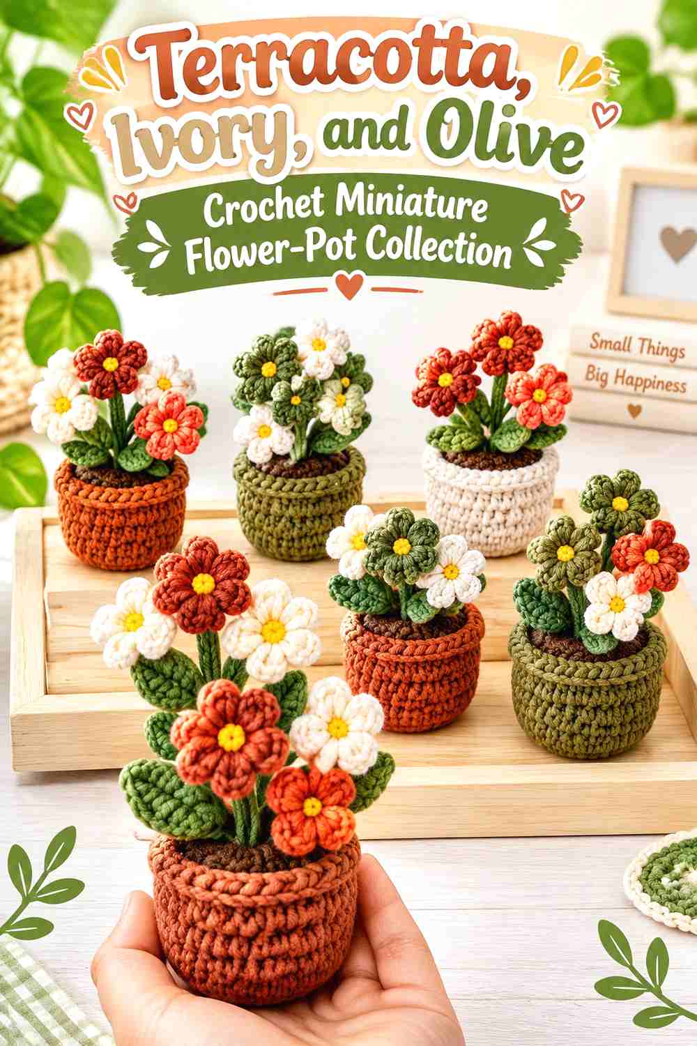 8. Terracotta Ivory And Olive Crochet Miniature Flower Pot Collection