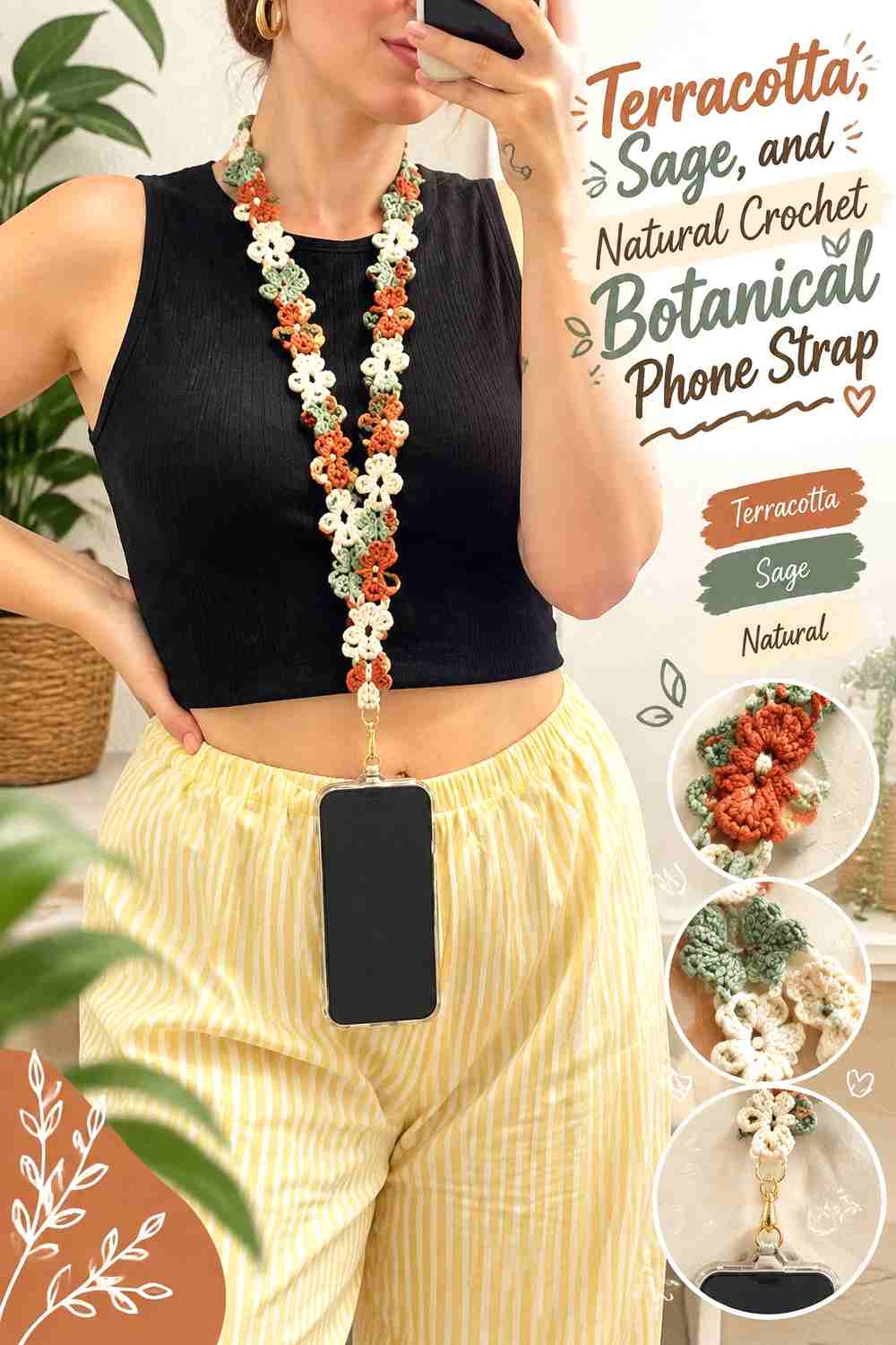 10. Terracotta Sage And Natural Crochet Botanical Phone Strap