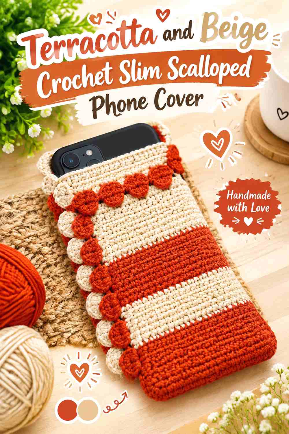 13. Terracotta And Beige Crochet Slim Scalloped Phone Cover