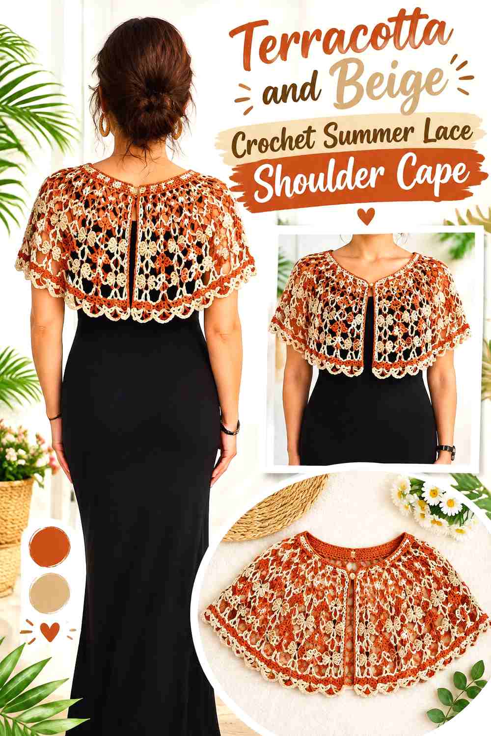 11. Terracotta And Beige Crochet Summer Lace Shoulder Cape
