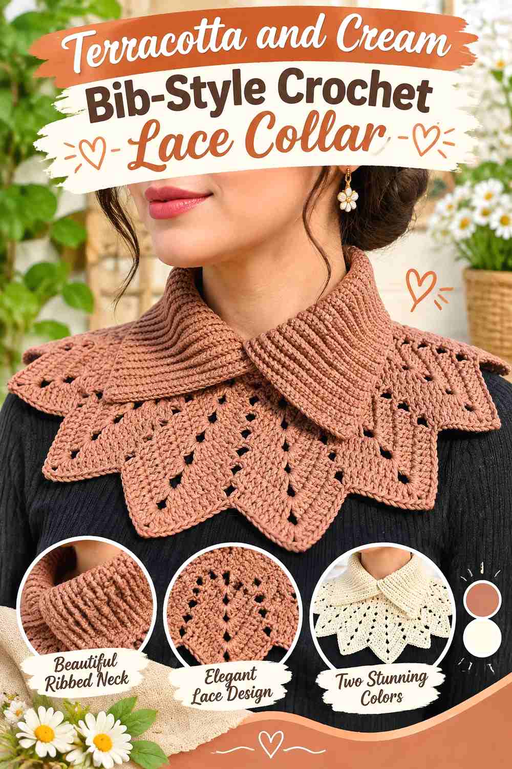 14. Terracotta And Cream Bib Style Crochet Lace Collar