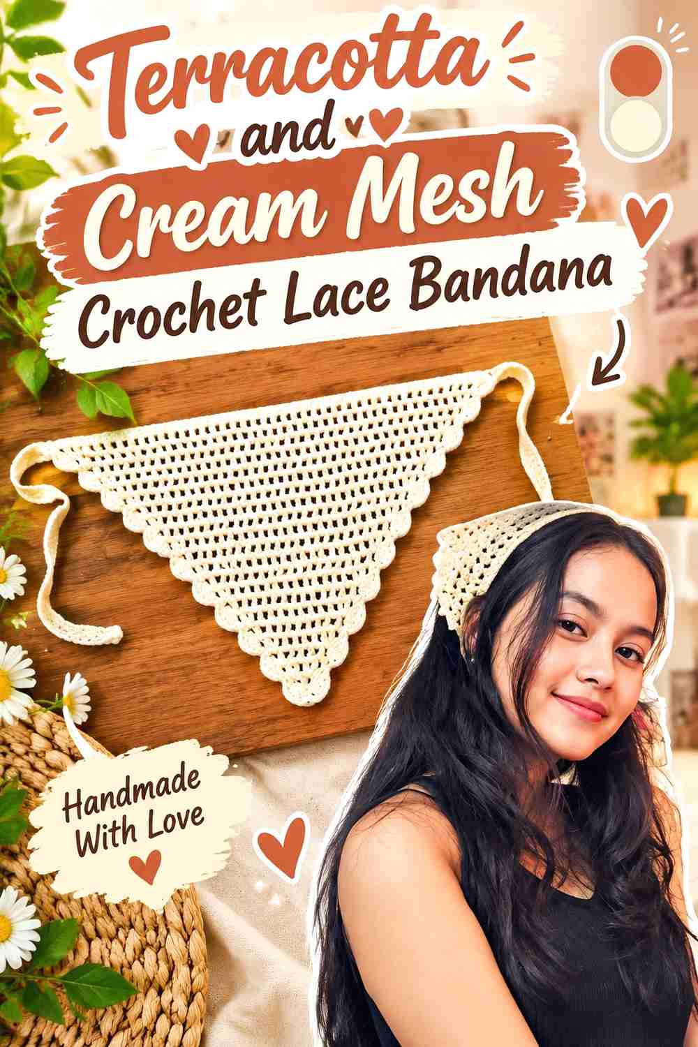 7. Terracotta And Cream Mesh Crochet Lace Bandana