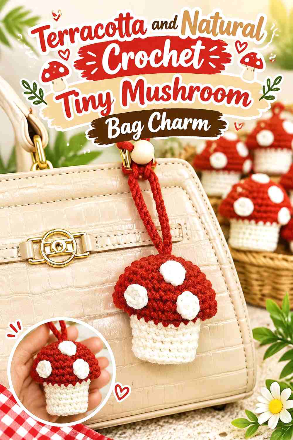 10. Terracotta And Natural Crochet Tiny Mushroom Bag Charm