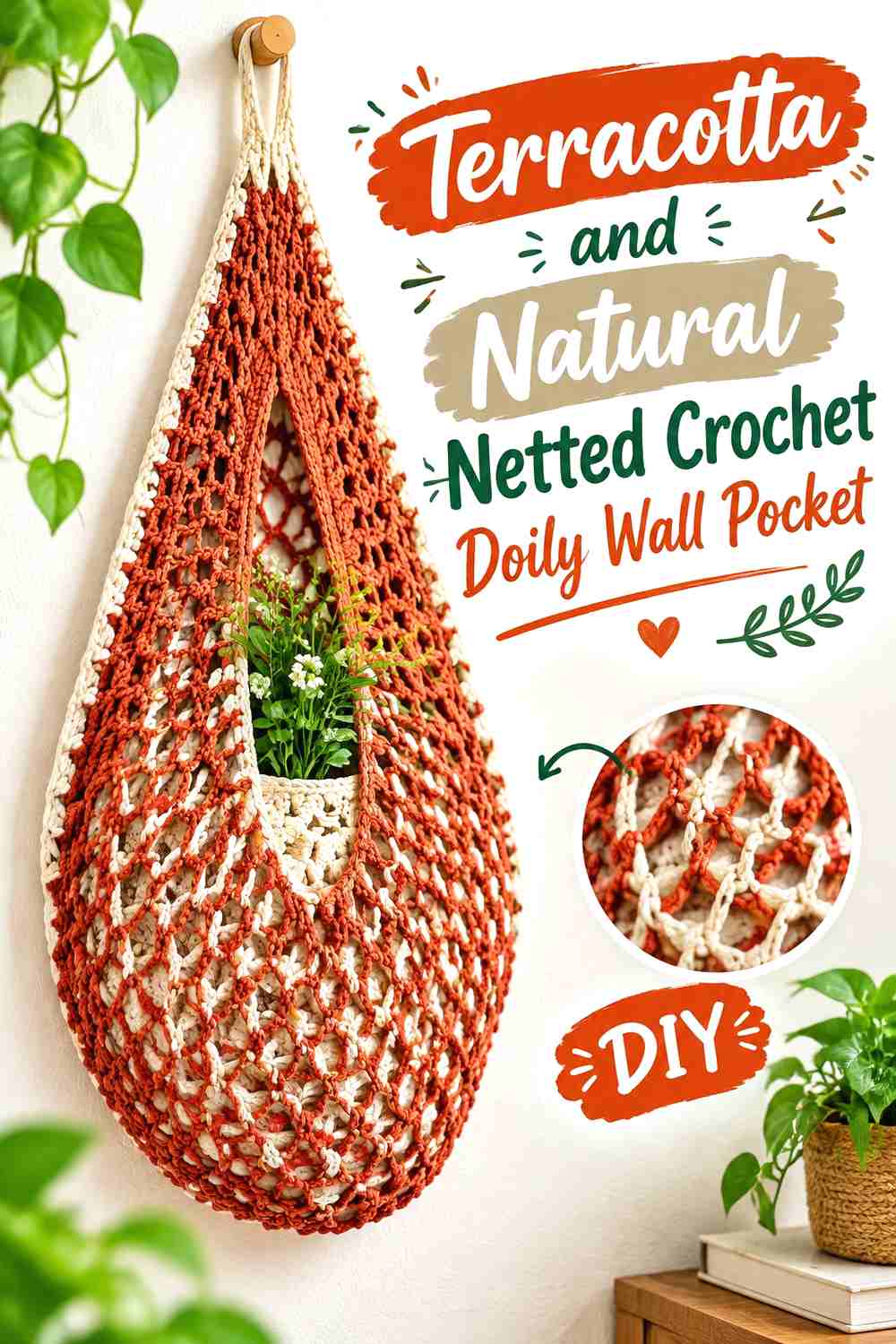 6. Terracotta And Natural Netted Crochet Doily Wall Pocket