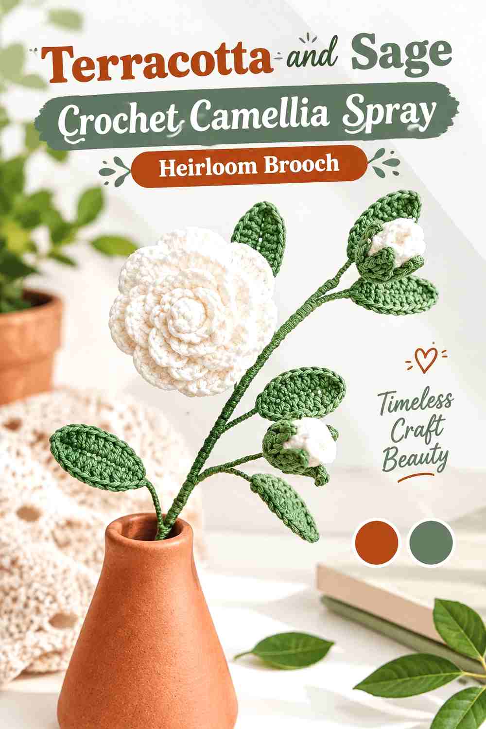 16. Terracotta And Sage Crochet Camellia Spray Heirloom Brooch