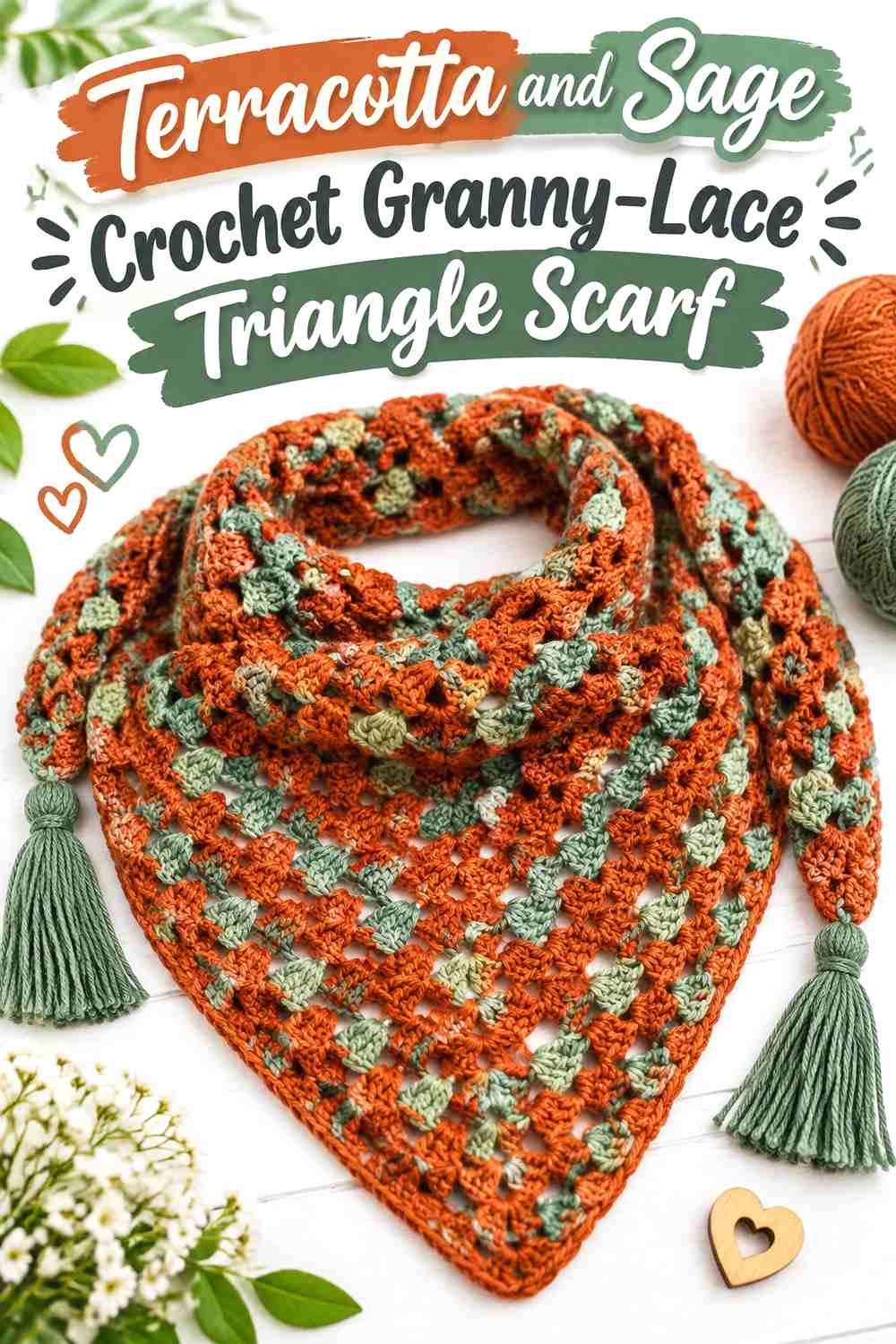 12. Terracotta And Sage Crochet Granny Lace Triangle Scarf