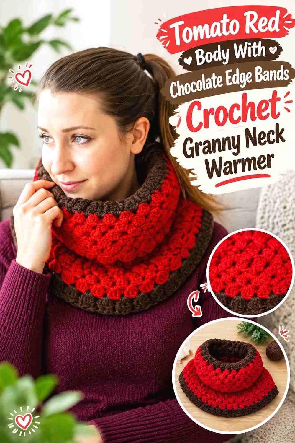 7. Tomato Red Body With Chocolate Edge Bands Crochet Granny Neck Warmer