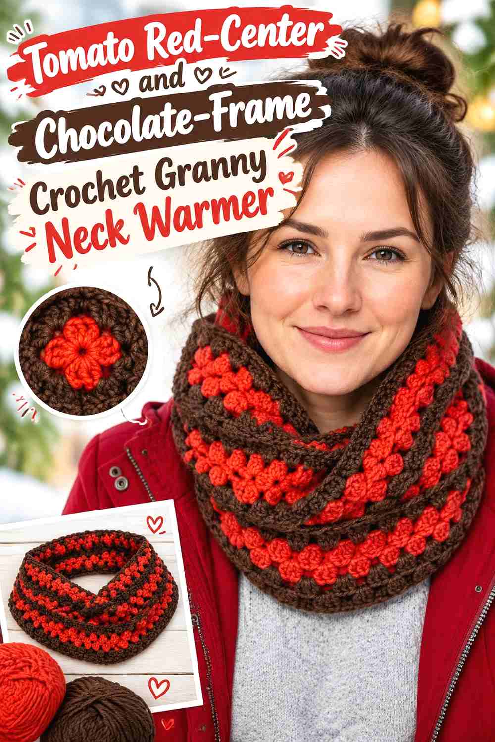 10. Tomato Red-Center and Chocolate-Frame Crochet Granny Neck Warmer