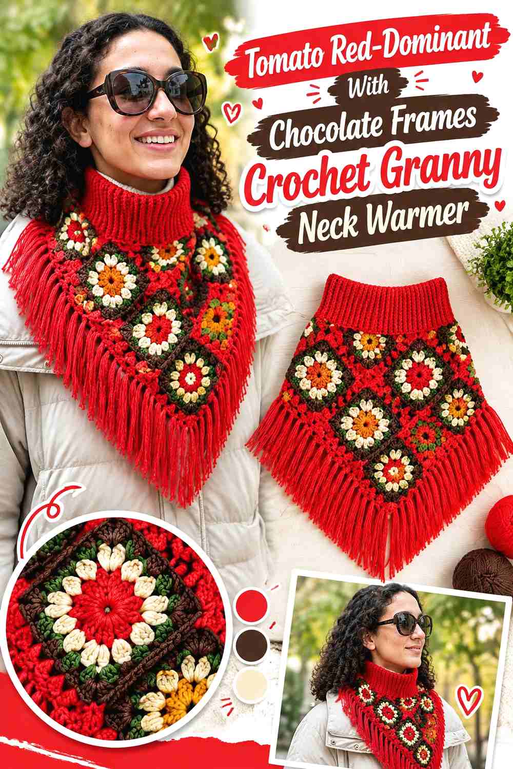 2. Tomato Red-Dominant With Chocolate Frames Crochet Granny Neck Warmer