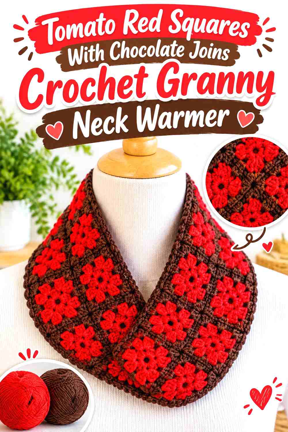 5. Tomato Red Squares With Chocolate Joins Crochet Granny Neck Warmer