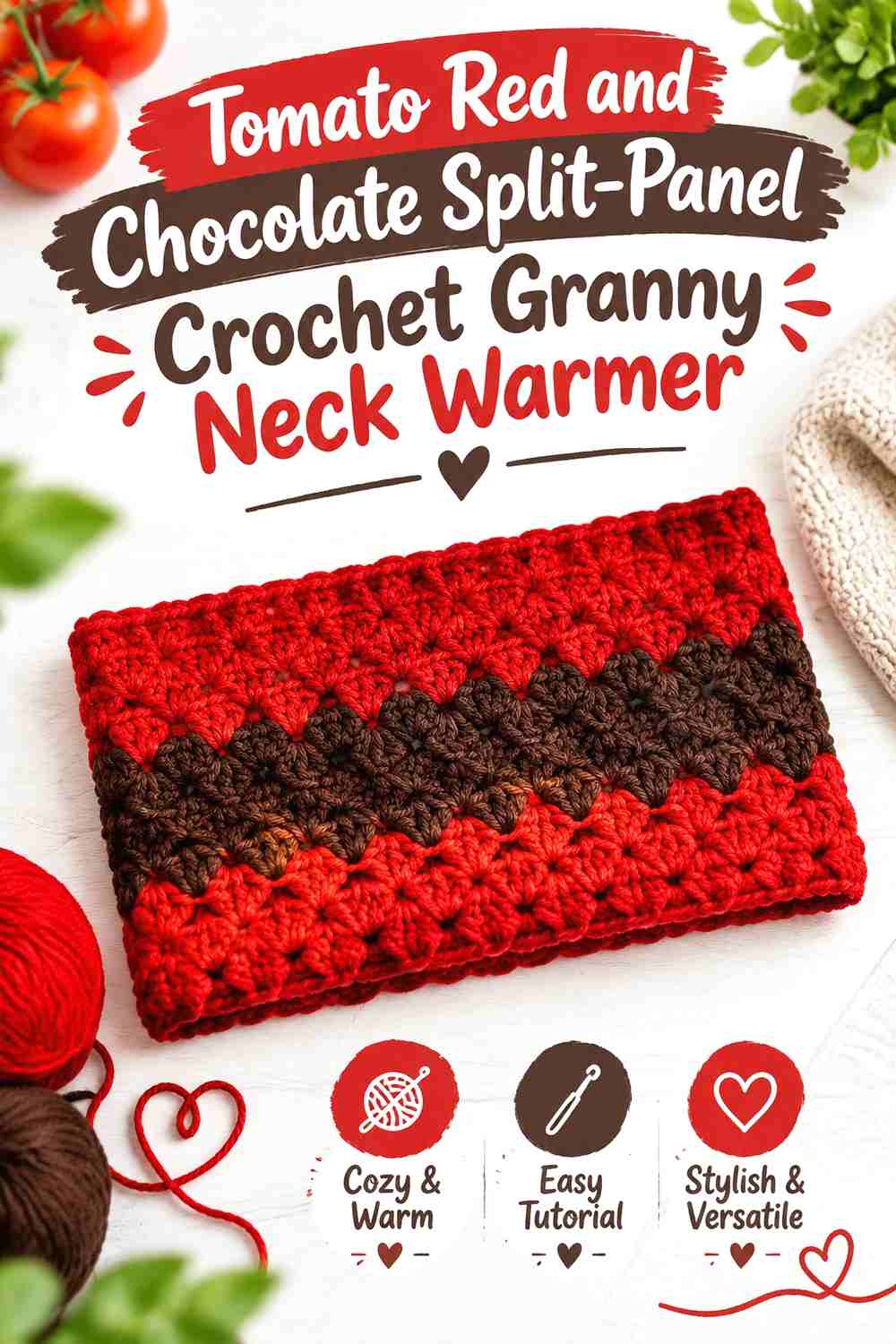 12. Tomato Red and Chocolate Split-Panel Crochet Granny Neck Warmer