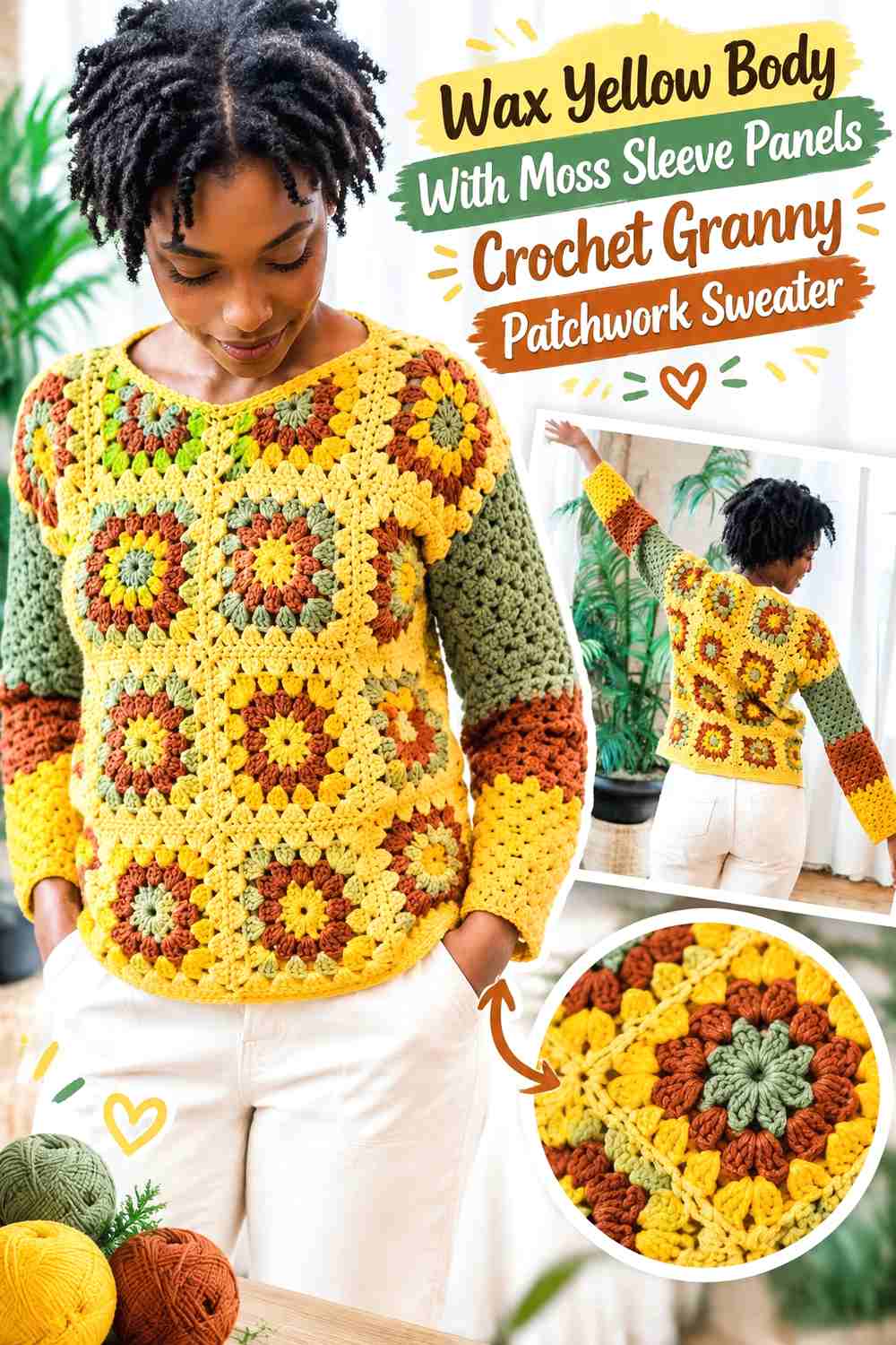 7. Wax Yellow Body With Moss Sleeve Panels Crochet Granny Patchwork Sweater