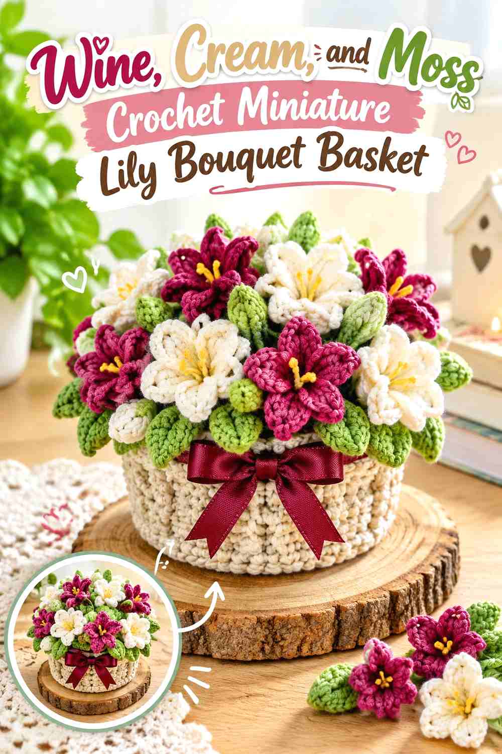 9. Wine Cream And Moss Crochet Miniature Lily Bouquet Basket