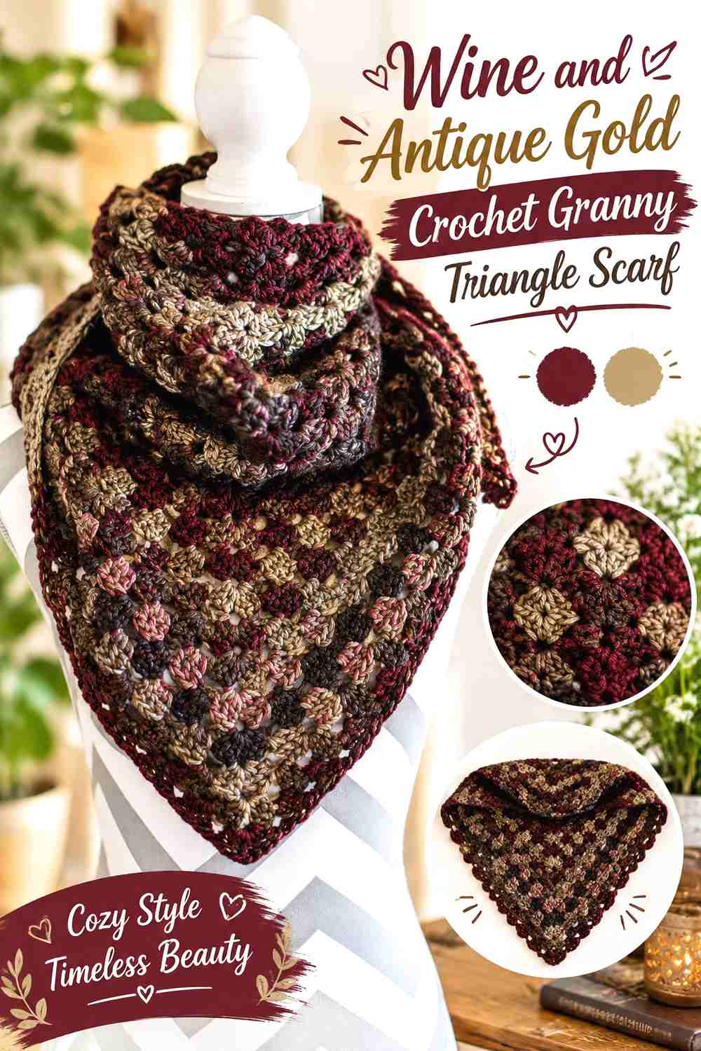 15. Wine And Antique Gold Crochet Granny Triangle Scarf