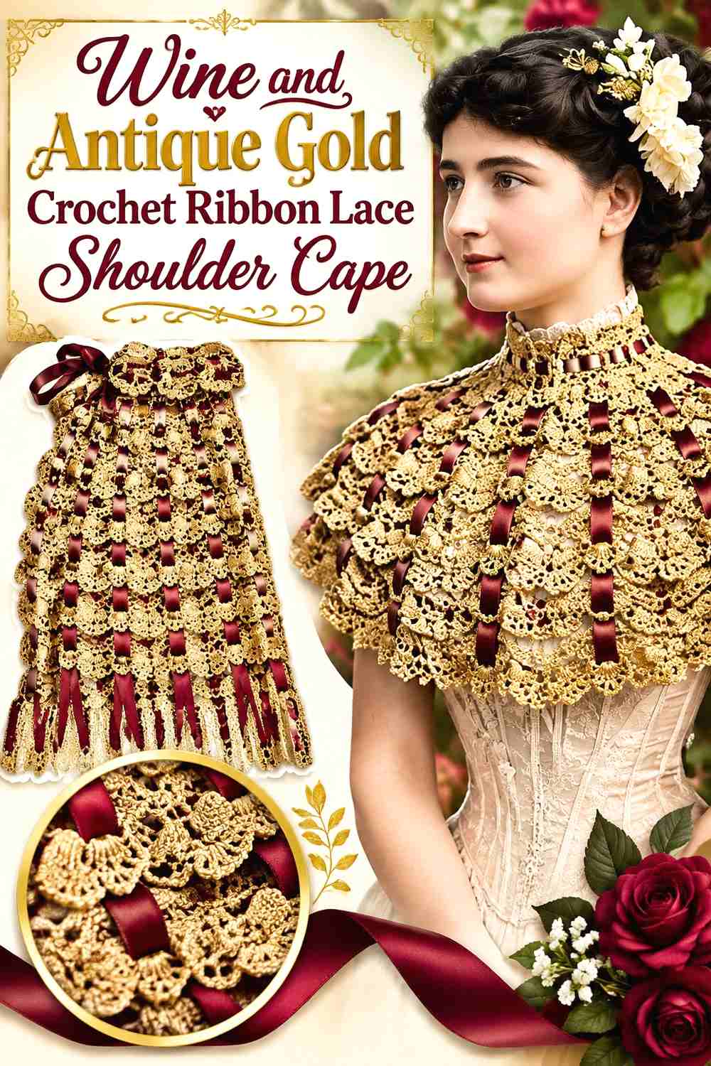 13. Wine And Antique Gold Crochet Ribbon Lace Shoulder Cape