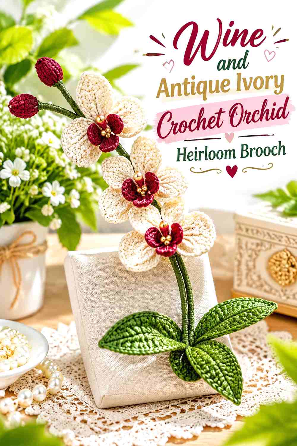 13. Wine And Antique Ivory Crochet Orchid Heirloom Brooch